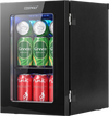 Compact 0.6 Cu.Ft black beverage refrigerator holds 24 cans, featuring a glass door and adjustable thermostat for efficient cooling.