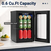 Countertop mini fridge with 0.6 Cu.Ft capacity, holds 24 cans, featuring a removable shelf and touch panel for easy cooling.