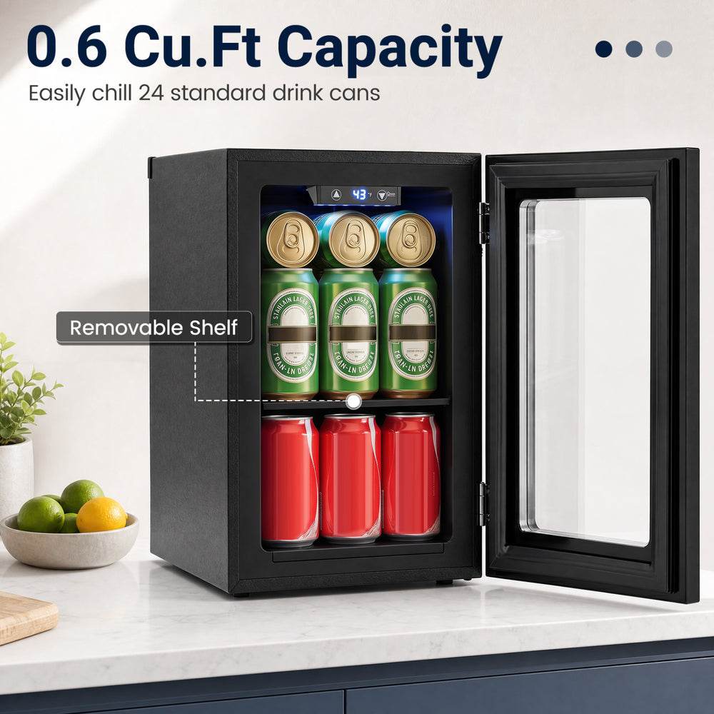 Countertop mini fridge with 0.6 Cu.Ft capacity, holds 24 cans, featuring a removable shelf and touch panel for easy cooling.