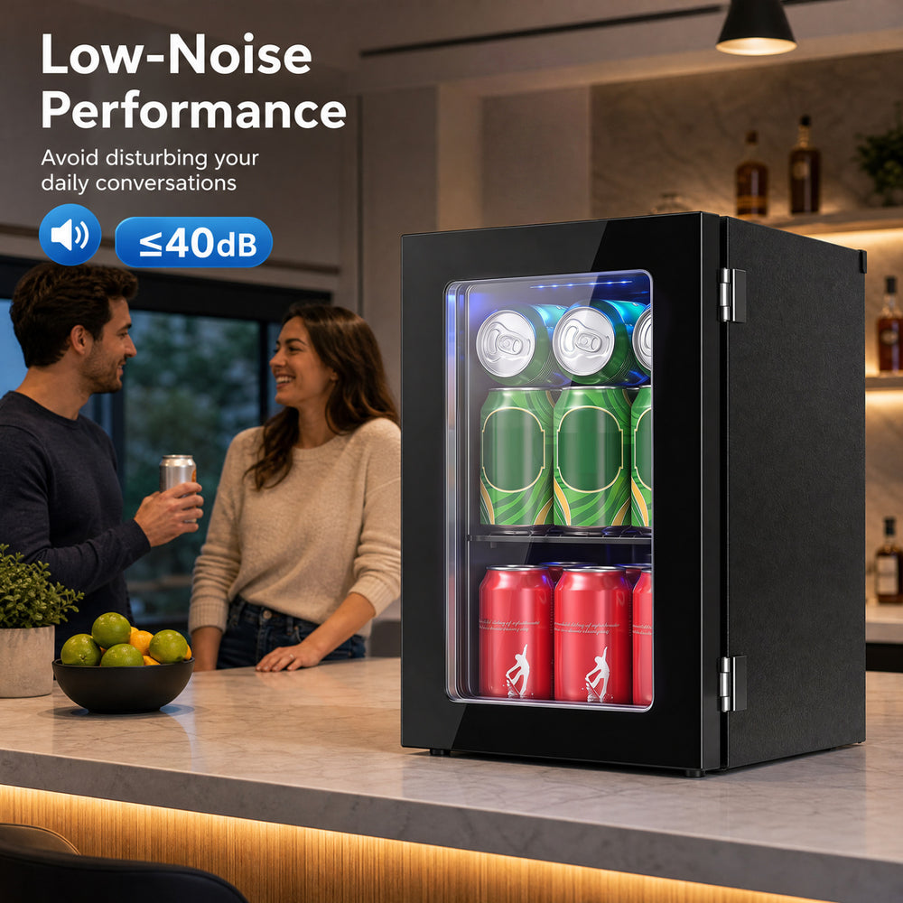 Compact 0.6 Cu.Ft black beverage refrigerator holds 24 cans with low-noise performance, ideal for home or office use.