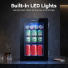 Countertop mini fridge with a 0.6 Cu.Ft capacity, chilling 24 cans, featuring built-in LED lights and a sleek black design.