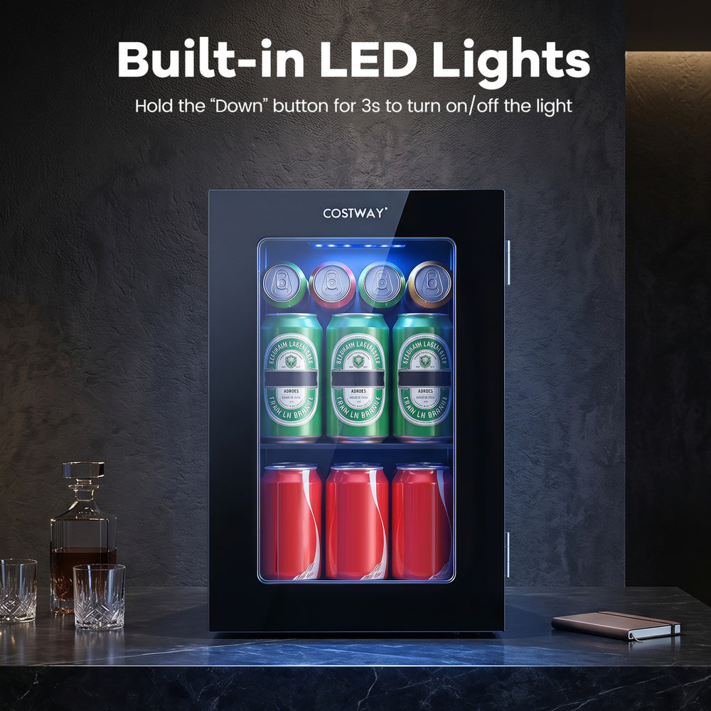 Countertop mini fridge with a 0.6 Cu.Ft capacity, chilling 24 cans, featuring built-in LED lights and a sleek black design.