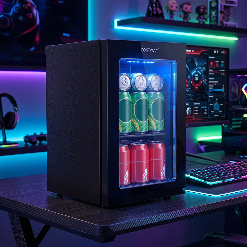 Countertop mini fridge in black with a 0.6 Cu.Ft capacity, chilling 24 cans, ideal for home office or game room use.