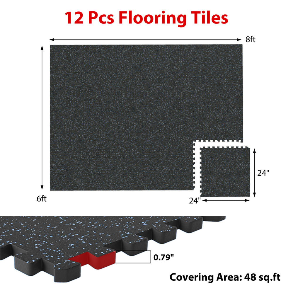 Thick rubber top exercise mat set of 2, 48 sq ft, featuring blue design and interlocking borders for versatile flooring.