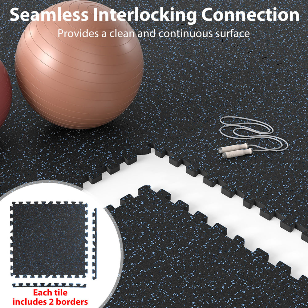 Thick rubber exercise mat set with blue speckled design, featuring seamless interlocking connection for a clean surface.