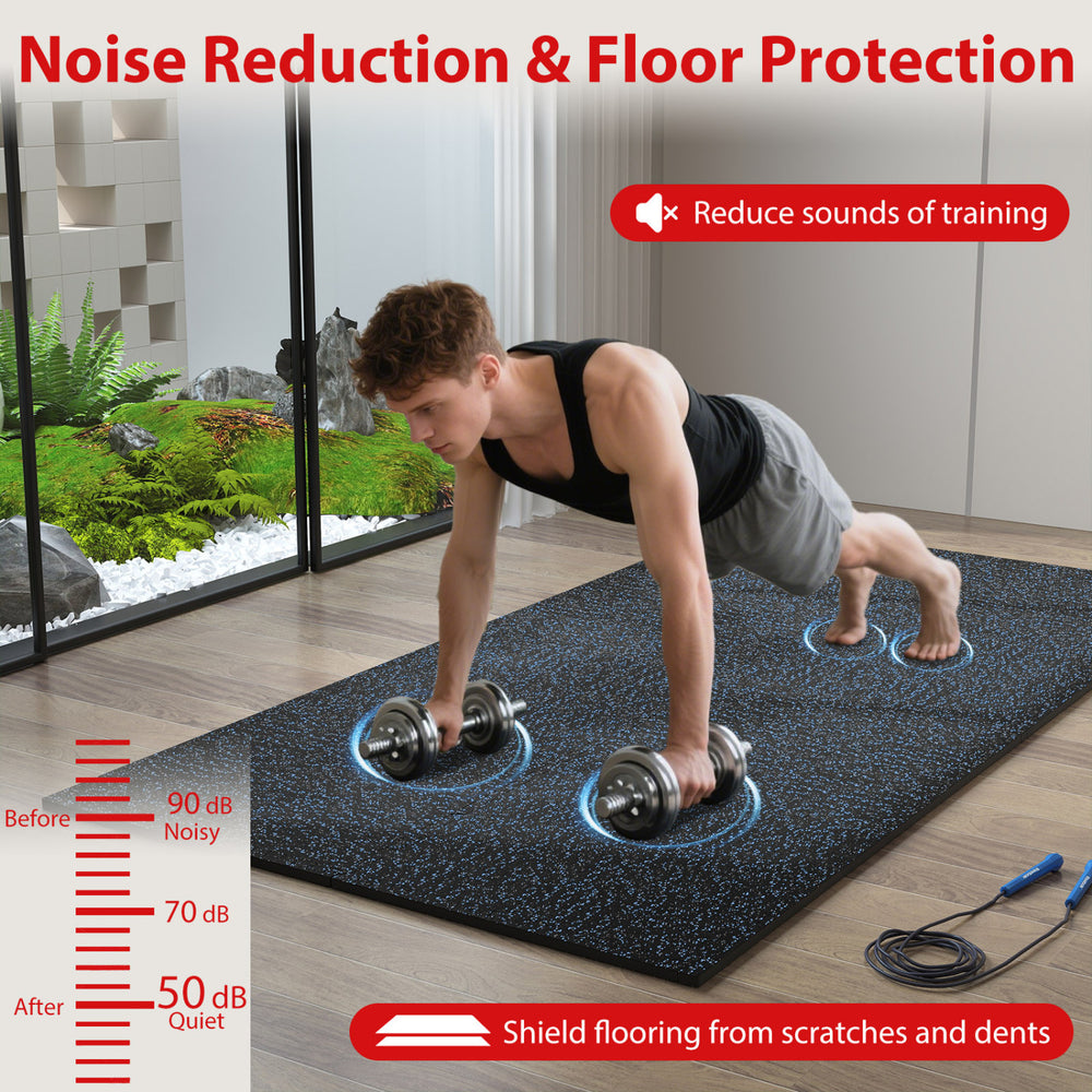 Thick rubber exercise mat set in blue, 0.79 inch, providing noise reduction and floor protection during workouts.