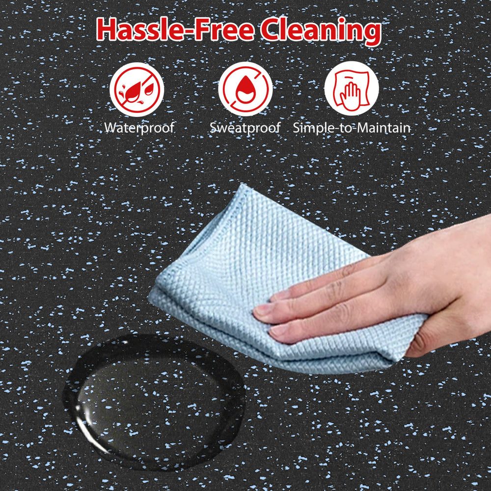 Thick rubber exercise mat set with waterproof surface, easy to clean, featuring a hand wiping off spills.