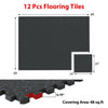 Black and blue rubber top exercise mat, 0.79 inch thick, covering 48 sq ft, ideal for gym or workout spaces.