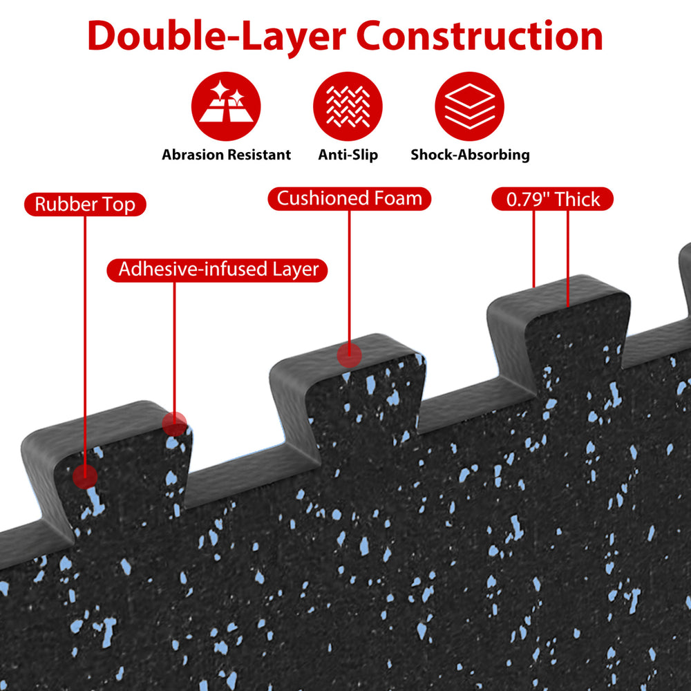 Close-up of the 0.79 inch thick rubber top exercise mat highlighting double-layer construction and cushioned foam.