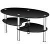 Oval black tempered glass coffee table with two bottom shelves for storage, ideal for living room use.