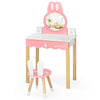 Kids vanity set featuring a pink rabbit design, round mirror, and storage drawer, perfect for bedroom or playroom use.