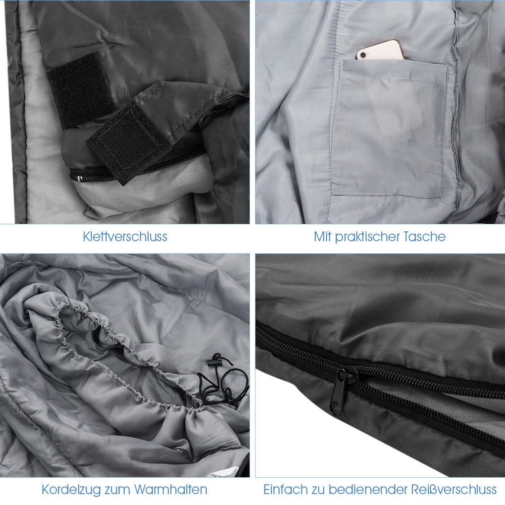 Detail of the 2-person waterproof sleeping bag showing interior pocket, zipper, and drawstring for warmth.