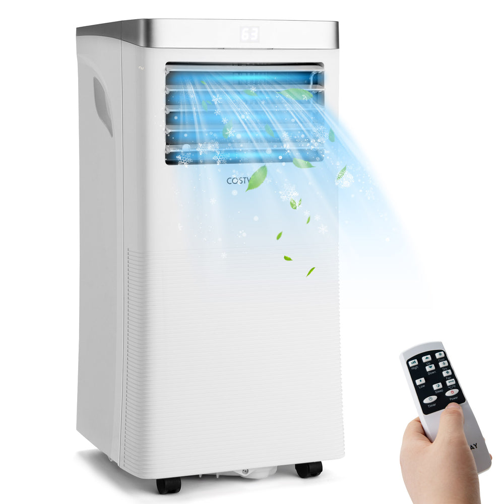 Portable 10000 BTU air conditioner with remote control, featuring cooling, fan, and dehumidifier modes for versatile.