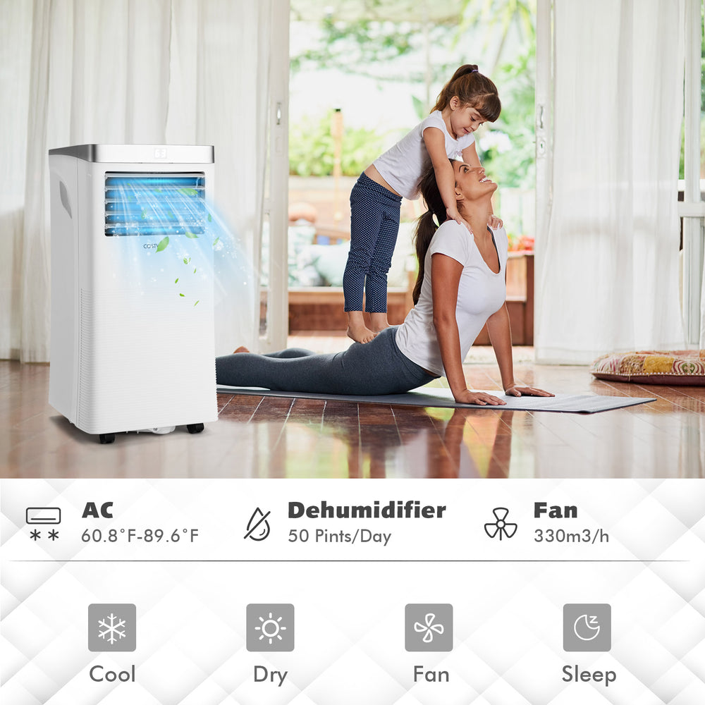 Portable 10000BTU air conditioner in white, featuring cooling, dehumidifier, and fan modes for efficient indoor comfort.