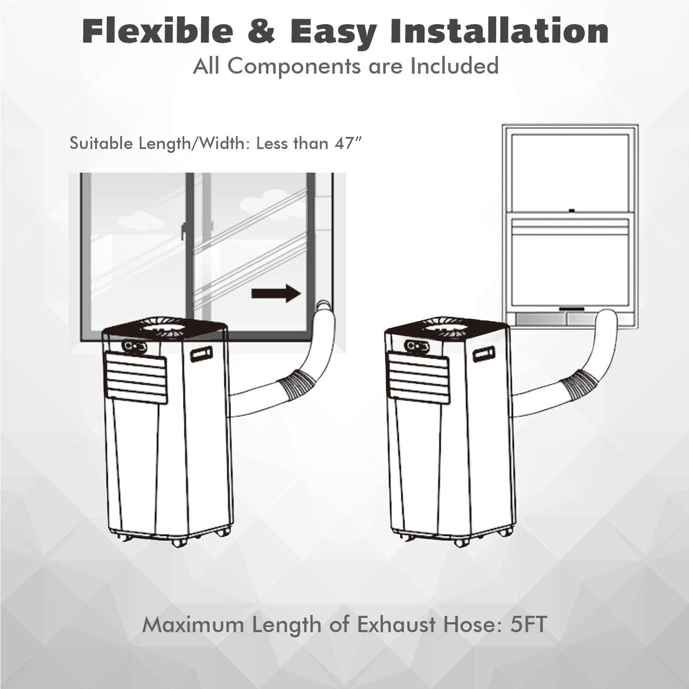 Portable air conditioner installation guide showing exhaust hose setup for 10000 BTU unit, suitable for windows under.