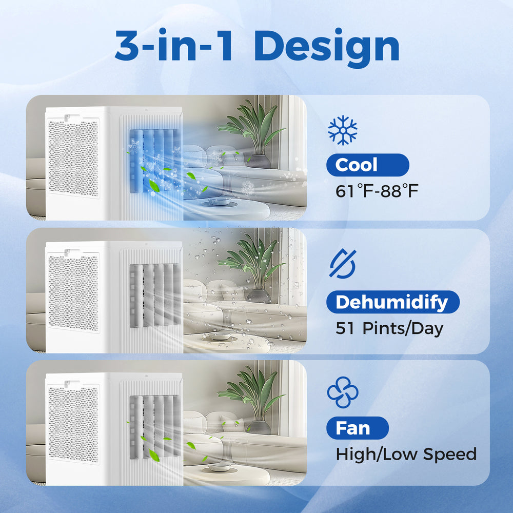 3-in-1 portable air conditioner with cooling, dehumidifying, and fan functions for spaces up to 350 sq ft.