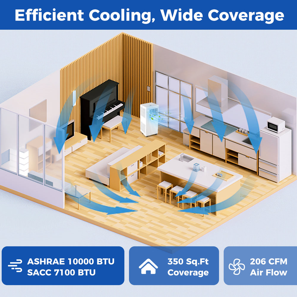 10000 BTU portable air conditioner with 24-hour timer, cooling up to 350 sq. ft. for efficient air flow and comfort.