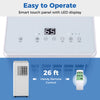 Portable air conditioner with smart touch panel, remote control, and 10000 BTU cooling for spaces up to 350 sq ft.
