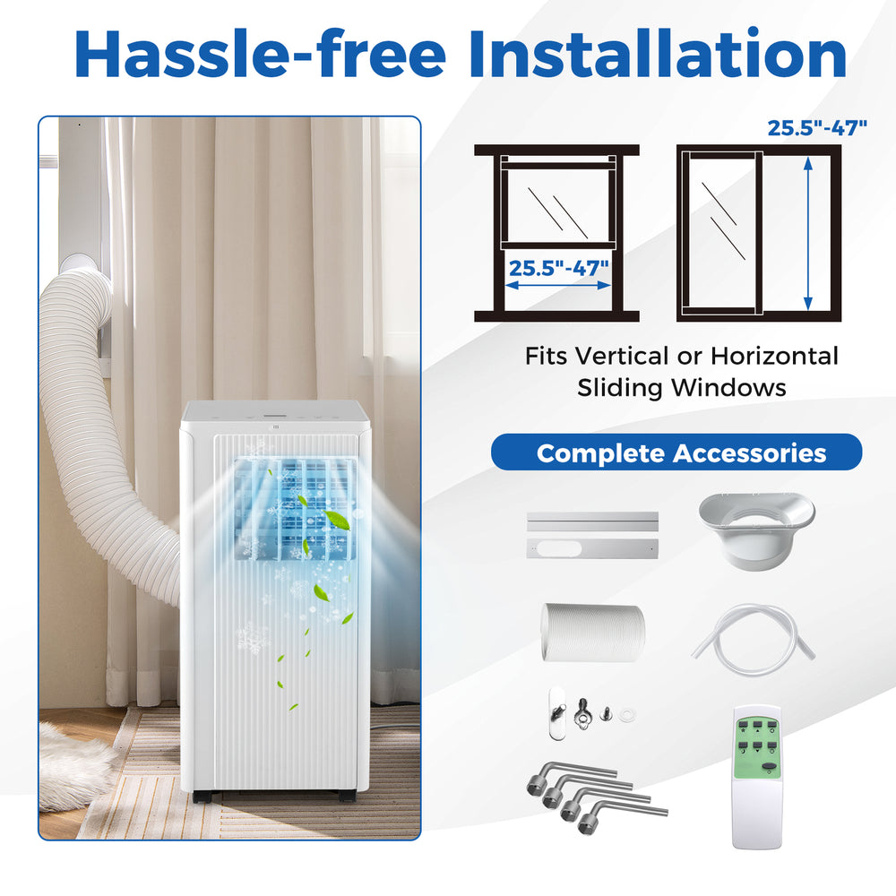 Portable 10000 BTU air conditioner with complete window kit, ideal for spaces up to 350 sq ft, featuring easy.