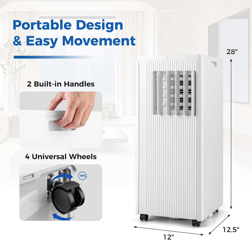 Portable 10000 BTU air conditioner with 4 wheels and handles, designed for easy movement and cooling up to 350 sq ft.