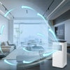 Portable air conditioner in a modern living room, featuring 10,000 BTU cooling, dehumidifying, and fan functions.