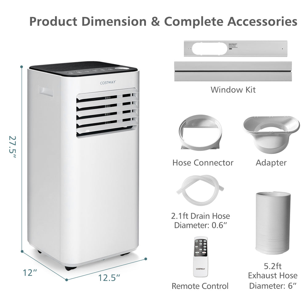 Portable air conditioner with 10,000 BTU, featuring a remote control, adjustable airflow, and 3-in-1 cooling design.