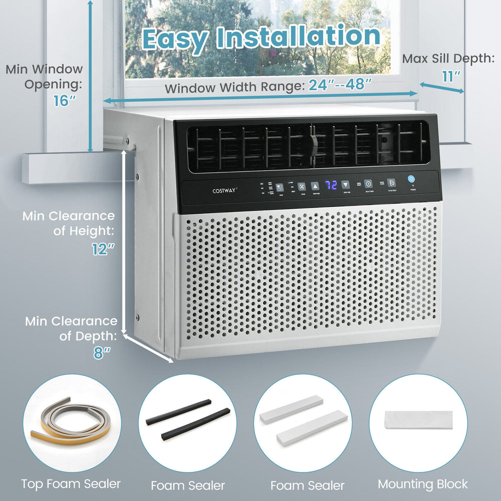 Window air conditioner with remote and LED control panel, 10000 BTU, designed for easy installation and quiet operation.