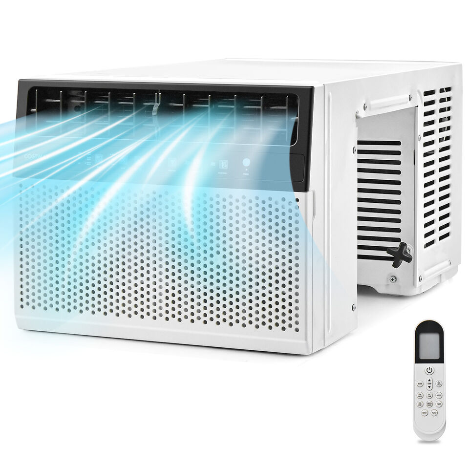 Window air conditioner with remote control, 10000 BTU, LED panel, ideal for cooling bedrooms and living rooms.