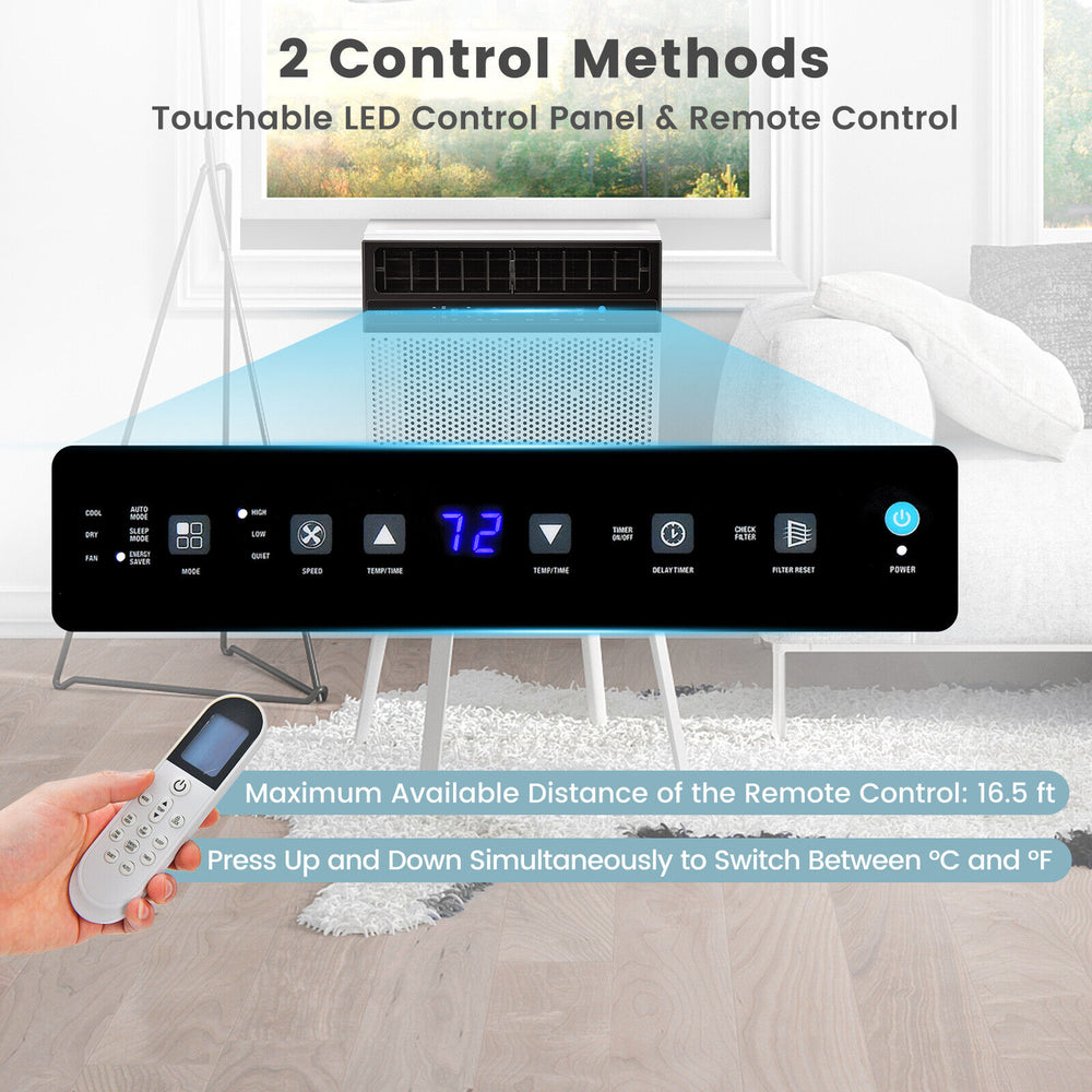 Window air conditioner with LED control panel and remote, 10000 BTU, ideal for bedrooms and living rooms.