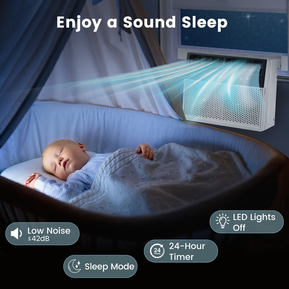 Window air conditioner with remote control, 10000 BTU, featuring sleep mode and low noise design for peaceful sleep.