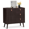 3-drawer sideboard storage cabinet in brown with leather handles, featuring a large cabinet and adjustable shelf for.