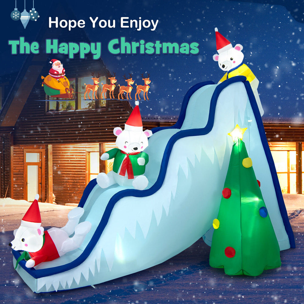 Inflatable 9 feet polar bear slide decoration with LED lights, featuring three bears and a Christmas tree for festive.