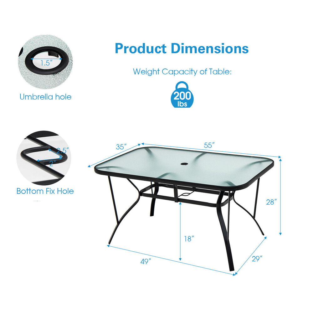 Rectangular 55 x 35 inch patio dining table with tempered glass top, umbrella hole, and sturdy steel frame for outdoor.