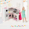 Corner play kitchen wooden toy set with sound and light, featuring stainless steel cookware and ample storage for kids.
