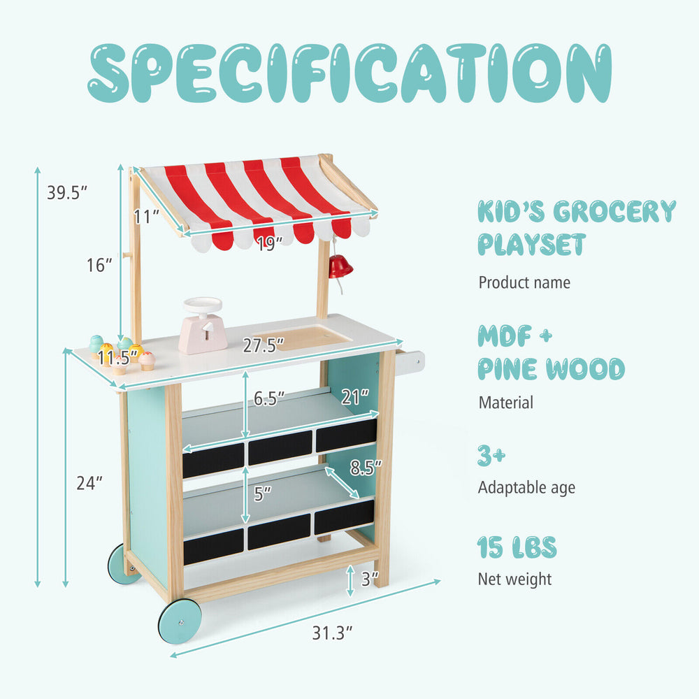 Kids wooden ice cream cart with red striped canopy, MDF and pine wood, features storage shelves and chalkboard for play.