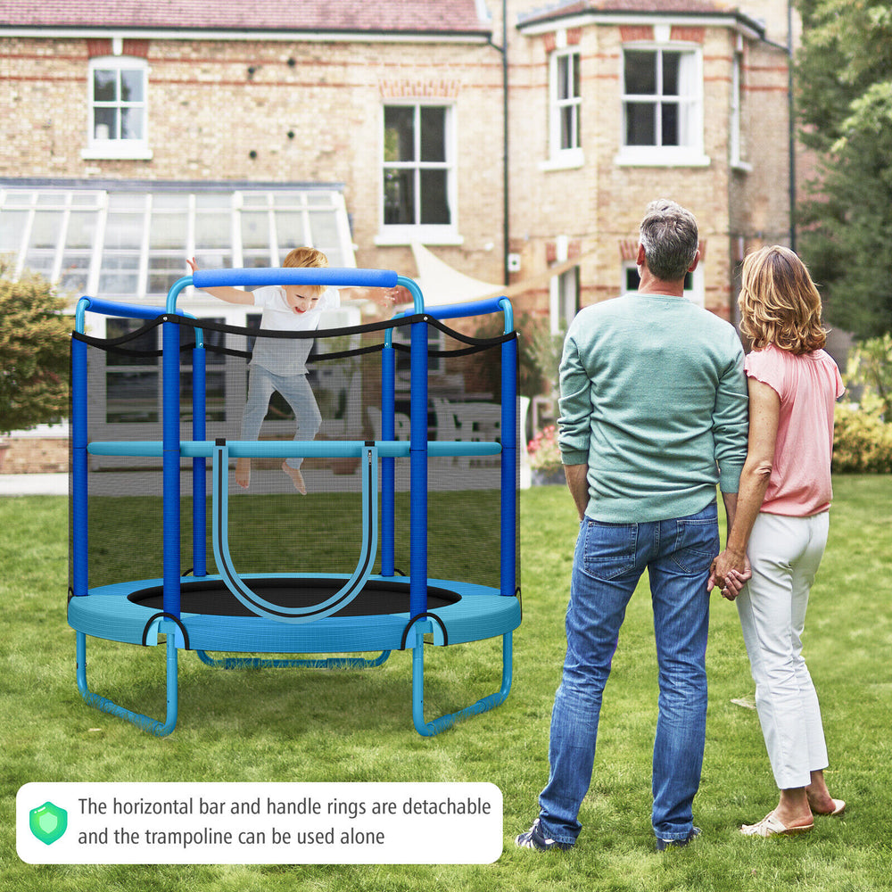 5ft kids trampoline in blue with adjustable horizontal bar and enclosure net, ideal for safe outdoor play and exercise.