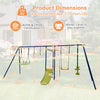 Product dimensions of the 7-in-1 A-shaped outdoor swing set, suitable for 7 kids aged 3-10 years for backyard fun.