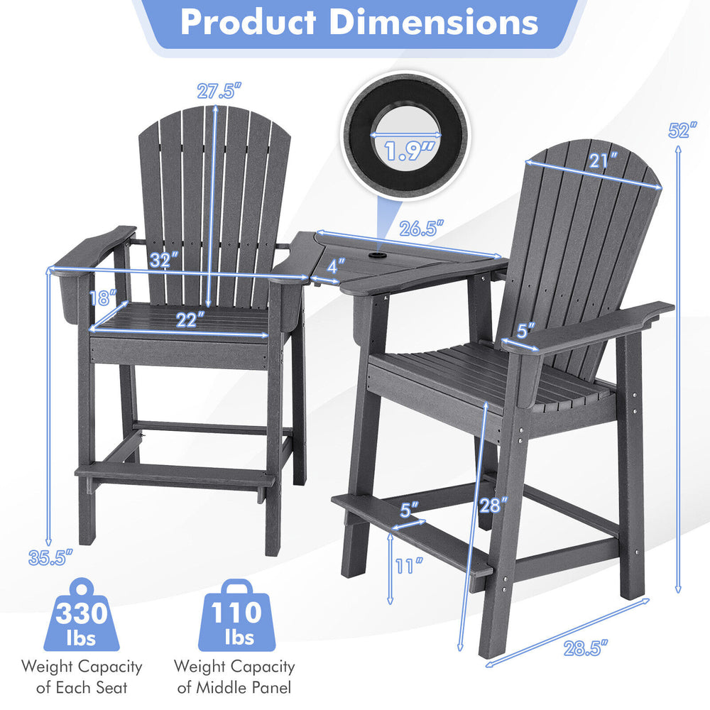 Product dimensions of the 2 Pieces HDPE Tall Adirondack Chair set in gray, featuring a middle connecting tray for.
