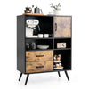 Industrial buffet sideboard in rustic brown with cubbies and drawers, perfect for kitchen storage and organization.