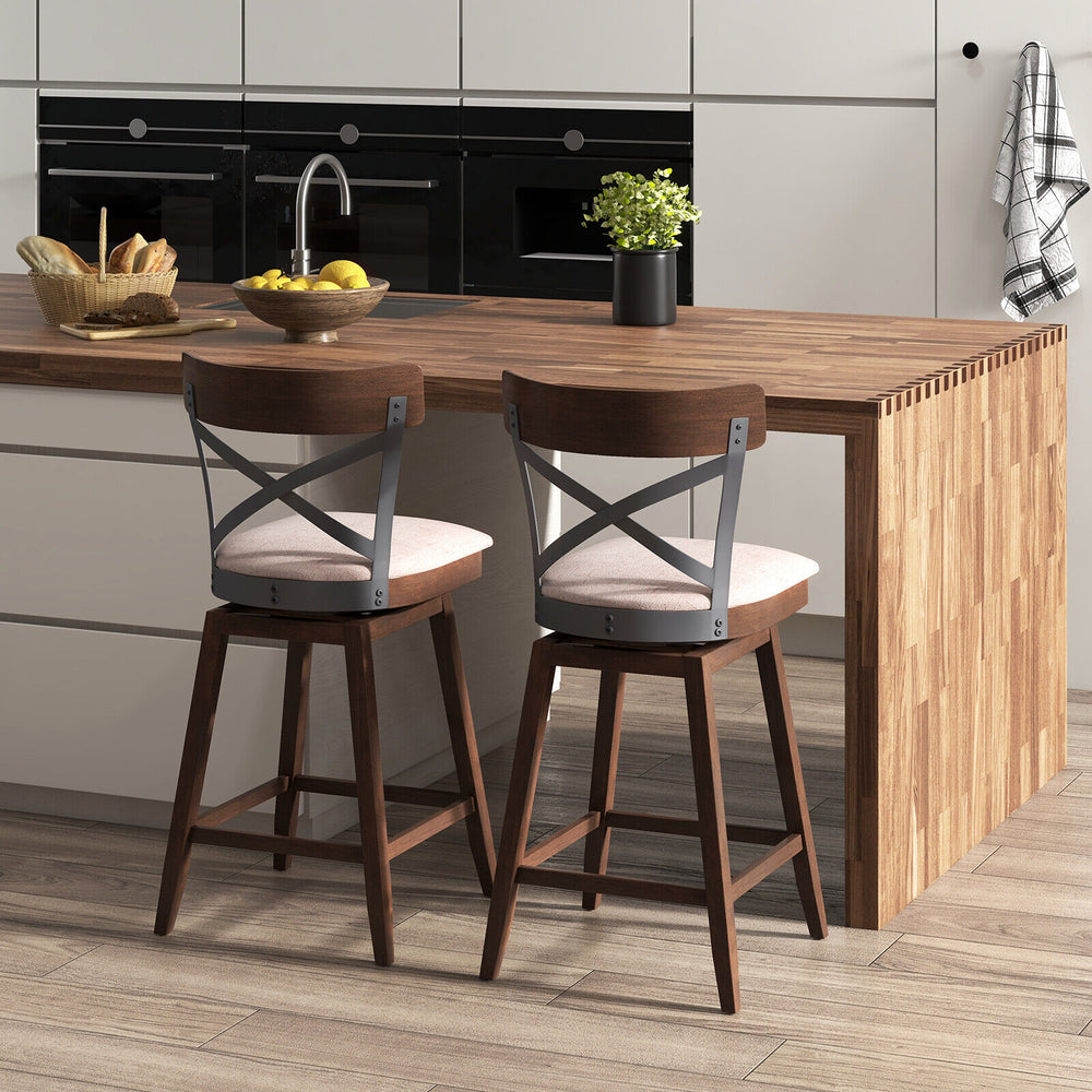 Set of 2 wooden swivel bar stools with cushioned seats and open X backs, ideal for kitchen islands or home bars.