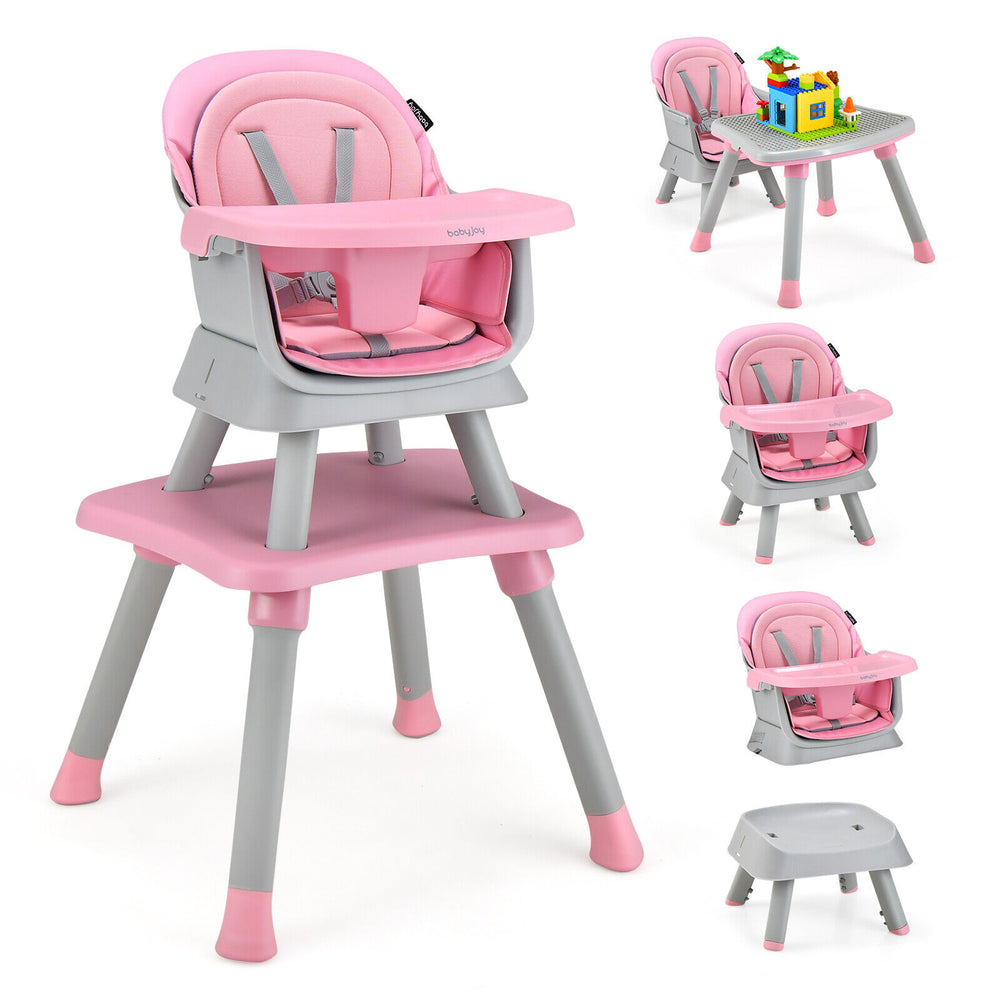 Convertible pink baby high chair with adjustable tray, removable cushion, and stable pyramid structure for versatile.