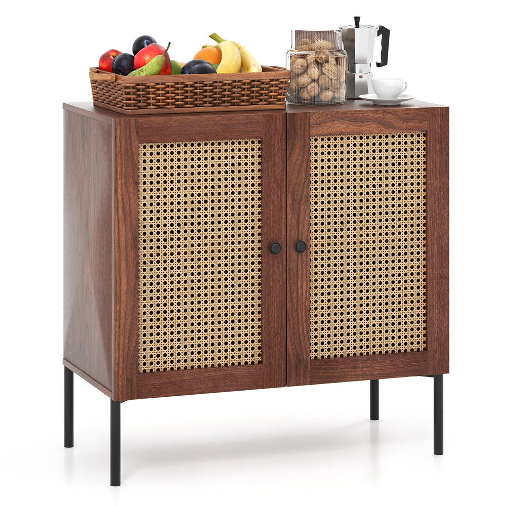 Walnut kitchen sideboard with 2 rattan doors, adjustable shelf, and sturdy metal legs for versatile storage and style.