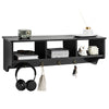 Wall-mounted black cubby organizer shelf with 4 hooks, perfect for entryway storage and displaying decor items.