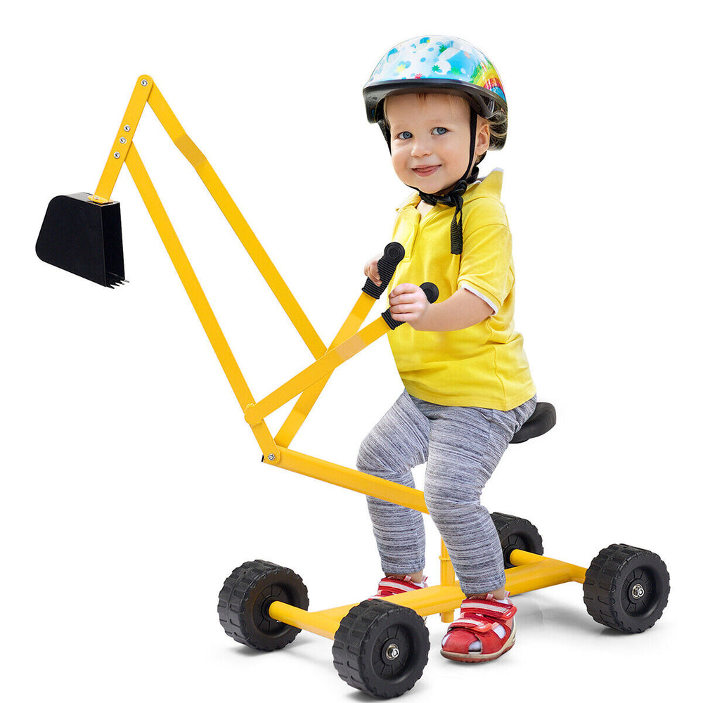 Kid ride-on sand digger with sturdy steel frame, 360-degree rotatable seat, perfect for beach play and coordination.