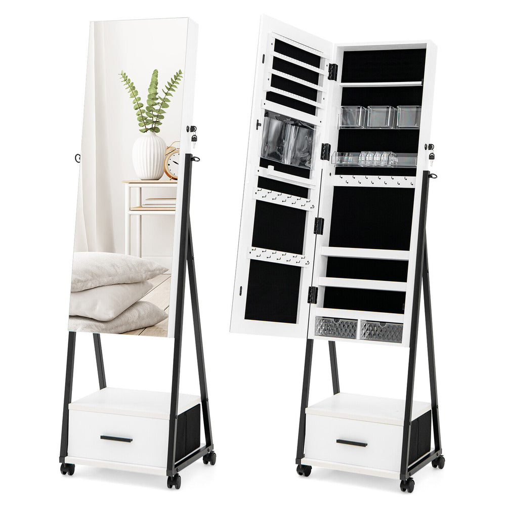 Jewelry cabinet with full-length mirror, white MDF, large storage, lockable wheels, ideal for organizing accessories.