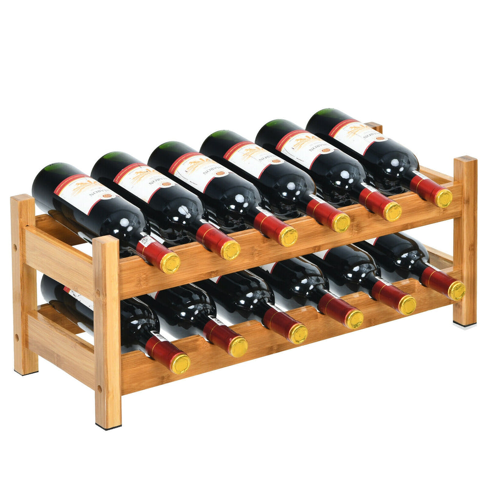 2-tier bamboo wine rack holding 12 bottles, designed for elegant storage and freshness in kitchens or wine cellars.