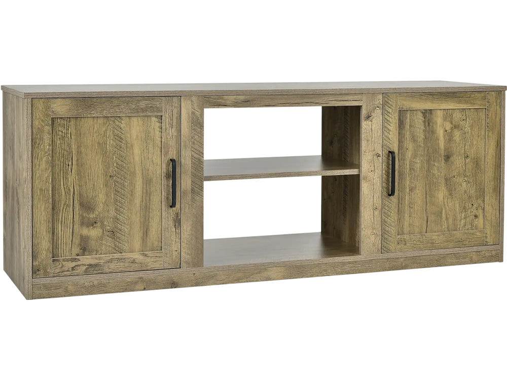 58-inch farmhouse TV stand with natural wood-grain finish, adjustable shelves, and 2 enclosed cabinets for TVs up to 65.