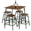 5-piece rustic brown bar table set with square tabletop and 4 backless stools, perfect for dining and easy storage.