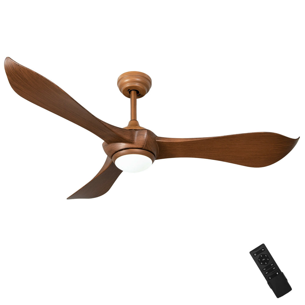 52-inch ceiling fan with light and walnut blades, featuring a reversible DC motor and remote control for versatile use.