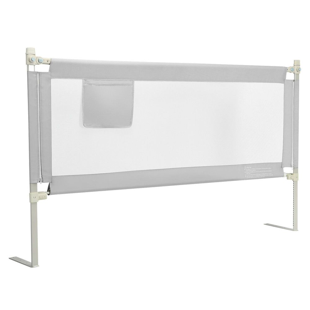 Toddler bed rail in gray with anti-collision cotton, adjustable height, and side pocket for added convenience.